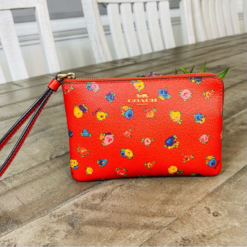 Coach Corner Zip Wristlet “Mini Vintage Rose Print" Clutch